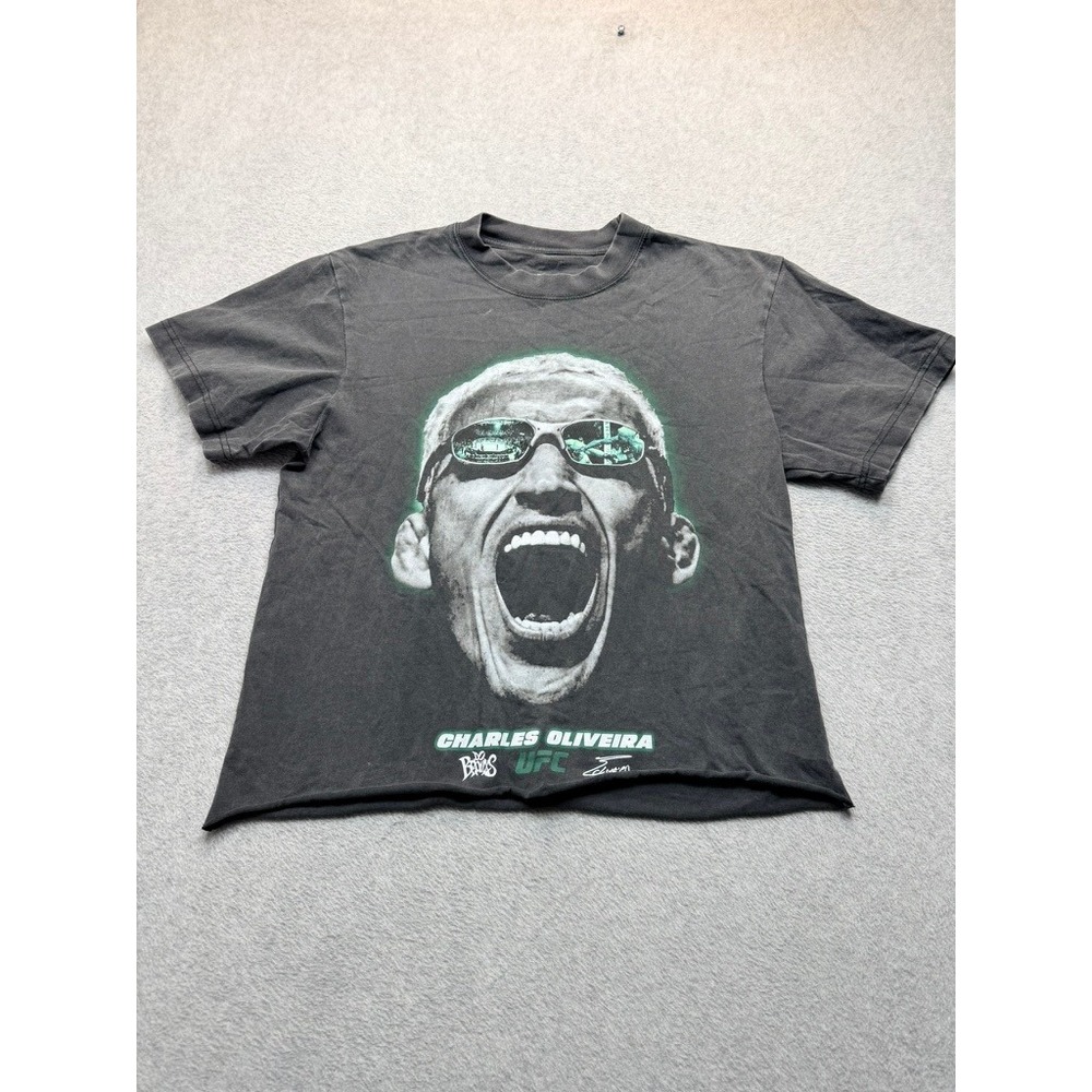 UFC Charles Oliveira Do Bronx Graphic T-Shirt Washed Black Raw Hem Small